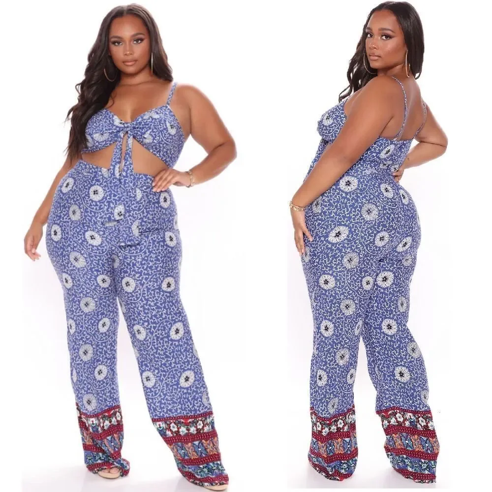 Fashion Nova Blue‎ Combo Boho Luxe Tank Cut Out Jumpsuit Plus 3X NWT